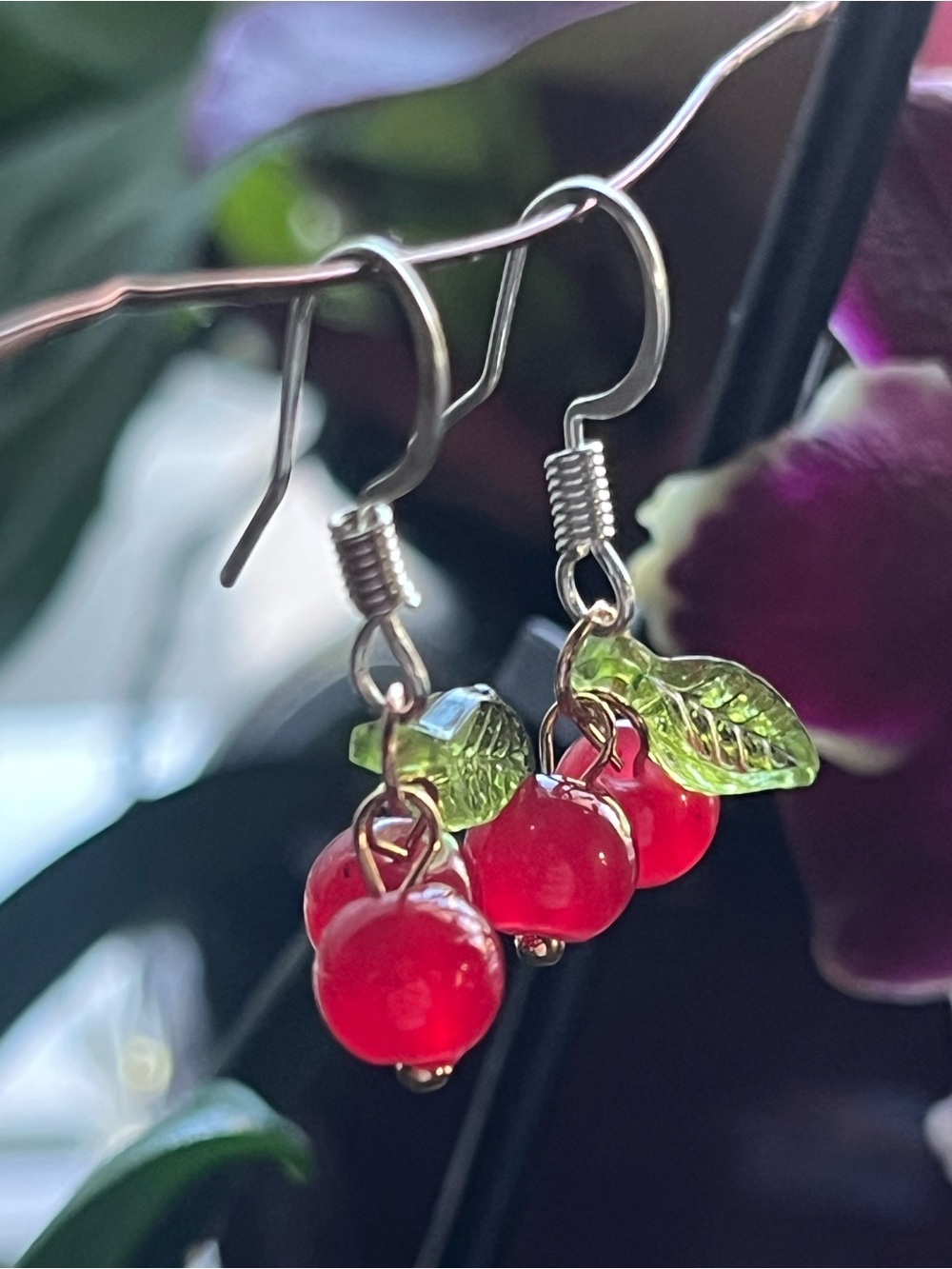 Cherry Drop Earrings with Green Leaf Accents - Women's Jewelry